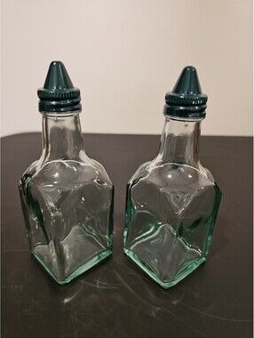 Gemco Green Glass Oil Vinegar Cruets Set of 2 Vintage Metal Spouts